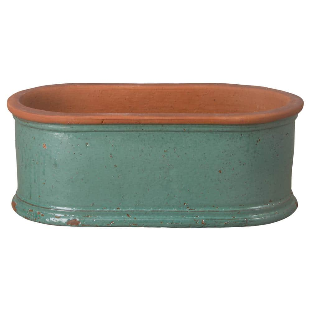 Emissary Window Box 28.5 in. L x 15 in. W x 15 in. H Teal Ceramic Oval Planter with Drainage Hole 12014TL-2