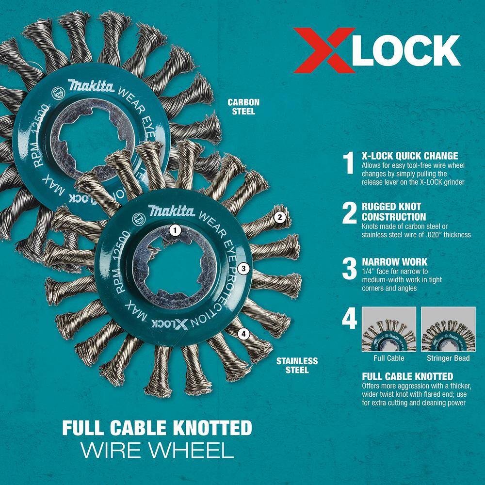 Makita X-Lock Quick Change System 4-12 in. Stainless Steel Full Cable Knotted Twist Wire Wheel D-72590