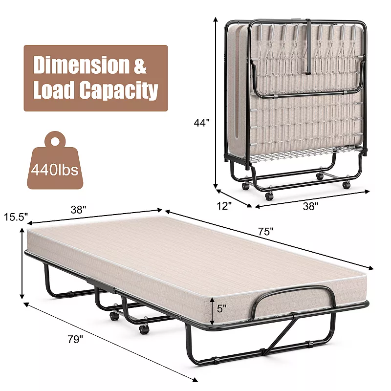 Rollaway Guest Bed with Sturdy Steel Frame and Memory Foam Mattress