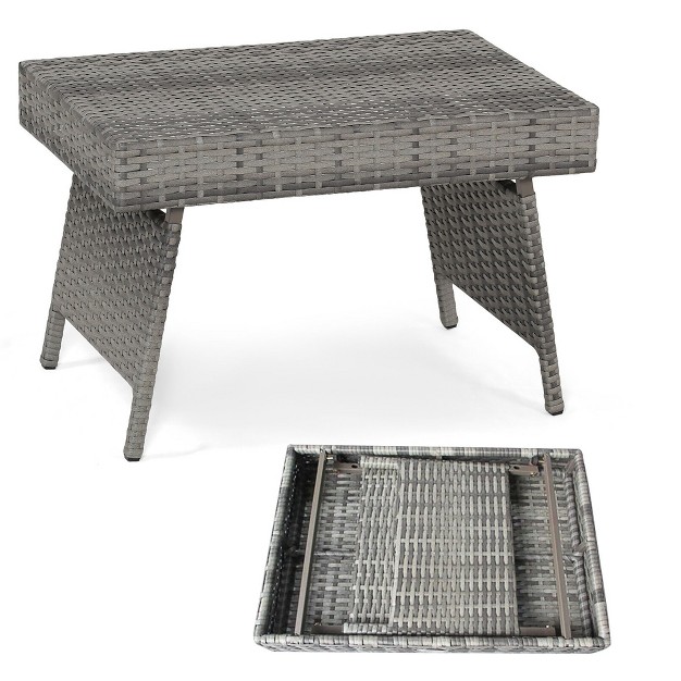 Tangkula Folding Rattan Wicker Coffee Side Table Patio Garden Poolside Yard Outdoor Mix Gray