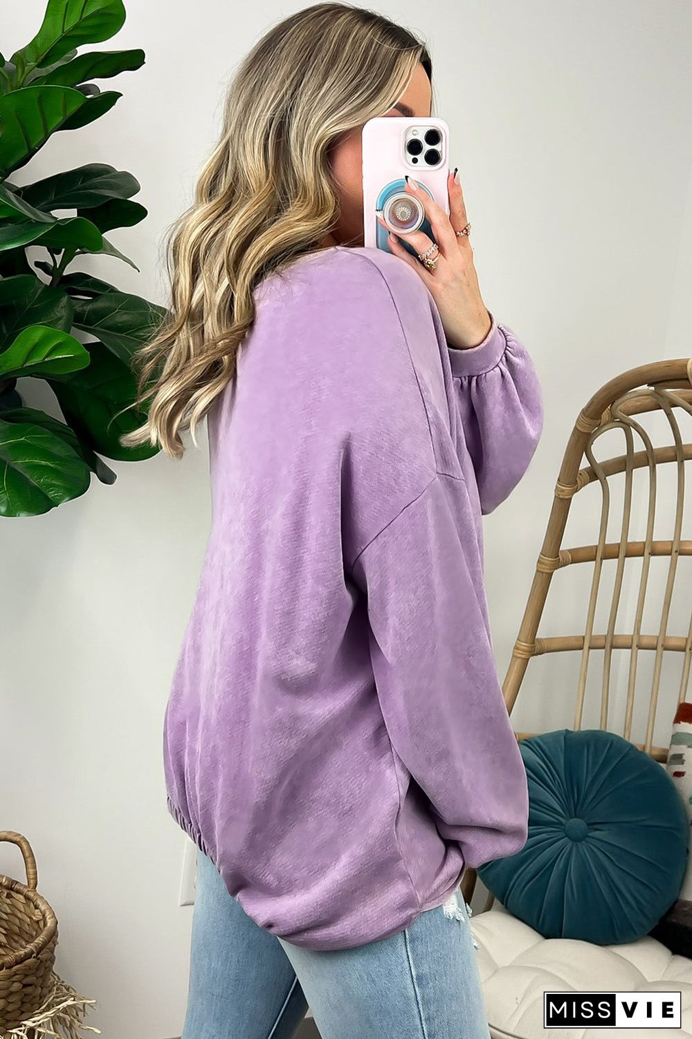 Wisteria Mineral Wash Drop Shoulder Casual Sweatshirt