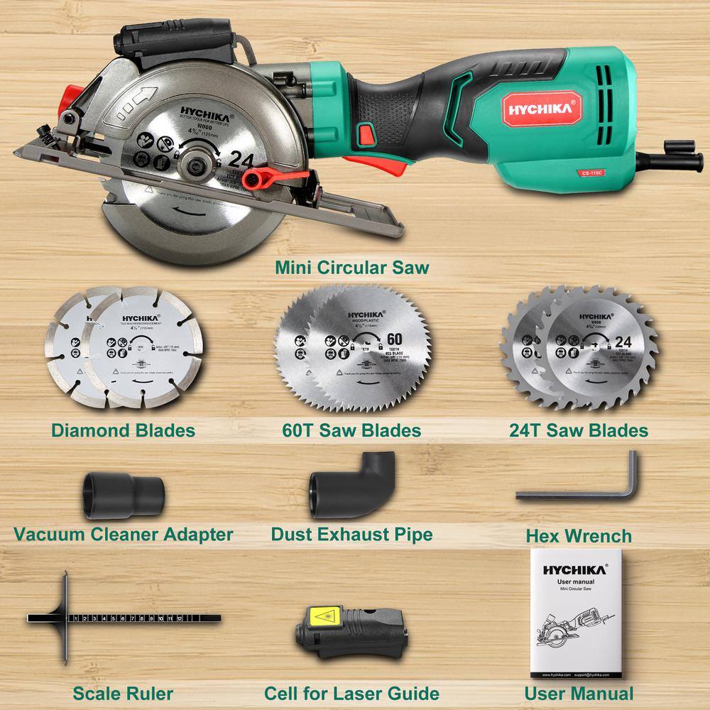 HYCHIKA 6.2 Amp 4-12 in. Electric Mini Circular Saw with 6 Blades Max Cutting 1-1116 in. D 90 Rubber Handle E0026US