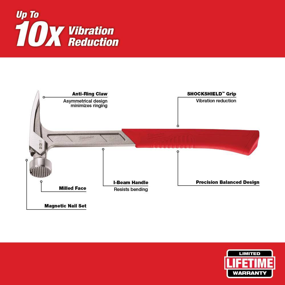 MW 22 oz. Milled Face Framing Hammer and Clear Safety Glasses Anti-Scratch Lenses 48-22-9022-48-73-2010