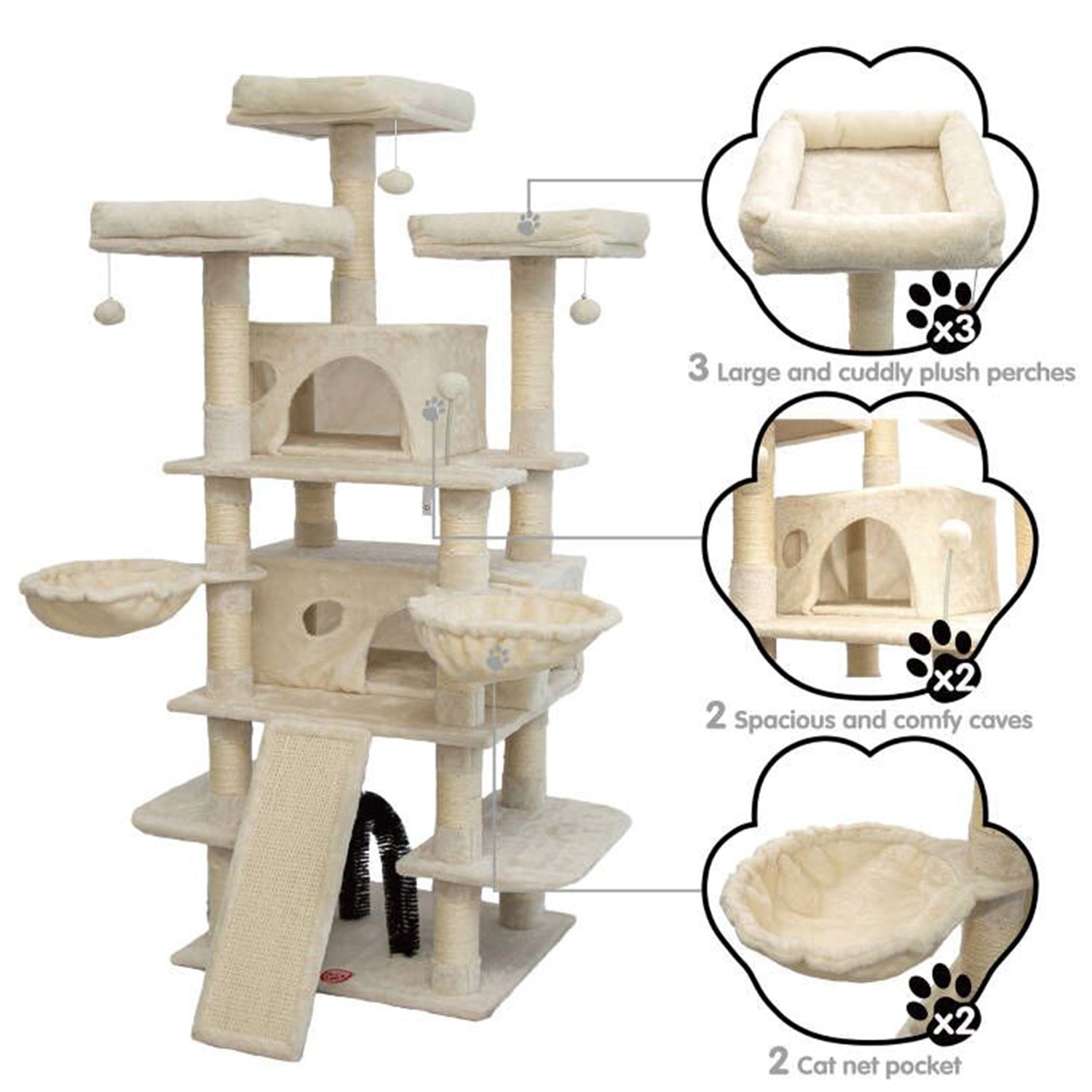 68 Inches Multi-Level Cat Tree Large,Big Cat Tower with Sisal Scratching Posts,Grooming Arch,Cozy Plush Cat Perches and Hammocks,Cat Activity Center Cat Condo Play House (Beige)