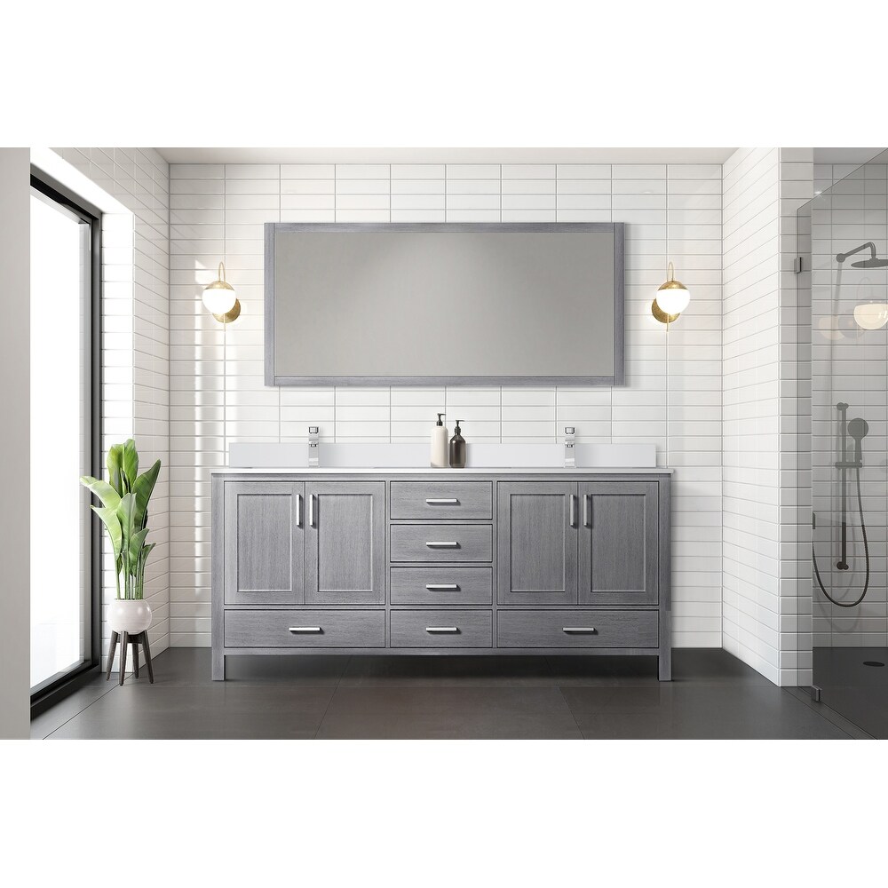 Jacques 72 in. W x 22 in. D Distressed Grey Double Bath Vanity  White Quartz Top  Faucet Set  and 70 in. Mirror