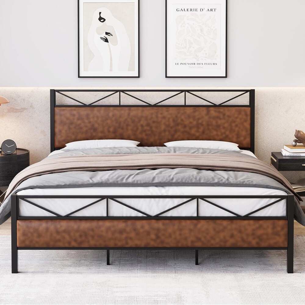 Bed Frame with Rustic Leather Headboard and Footboard