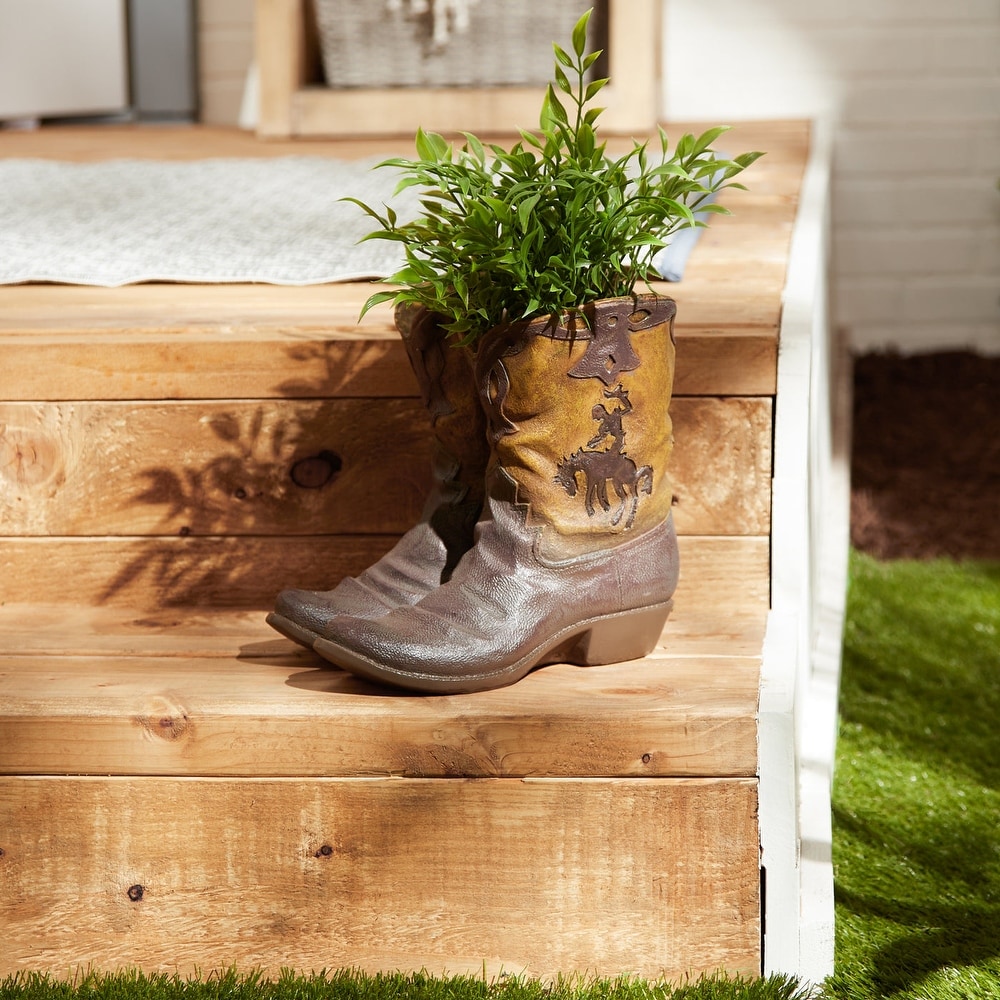 Cowboy Boots Garden Planter Pot   brown