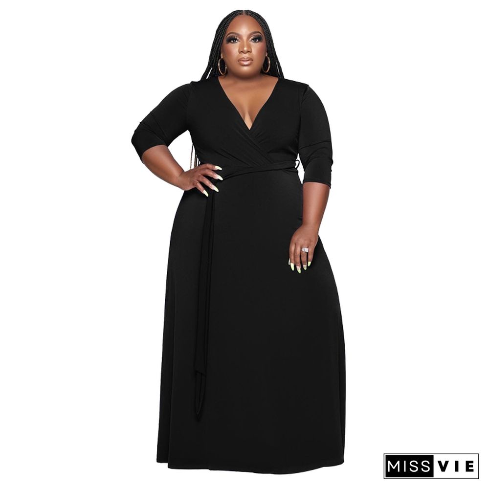 V Neck Sashes Loose Casual Plus Size Dresses