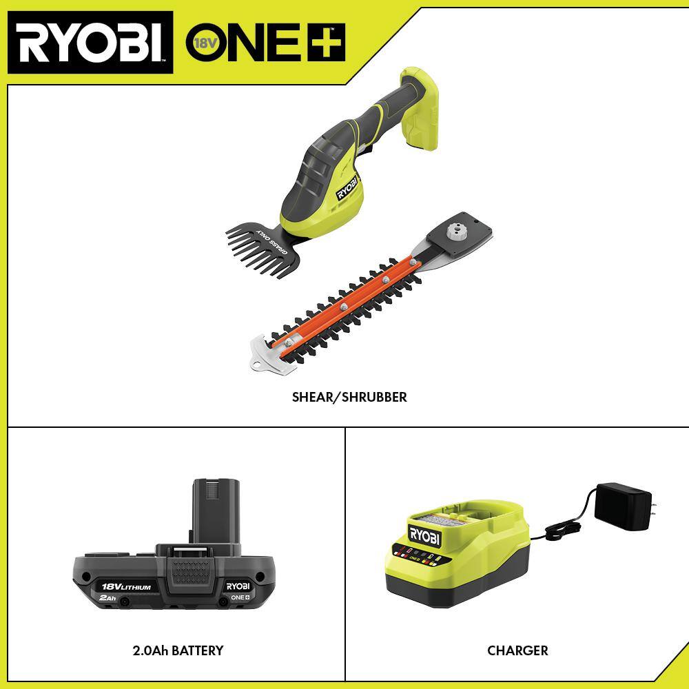 RYOBI ONE+ 18V Cordless Grass Shear and Shrubber Trimmer with 2.0 Ah Battery and Charger P2980