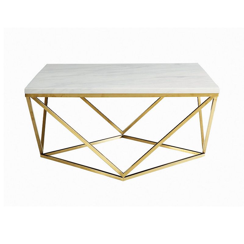 36 Inch Modern Square Coffee Table， White Faux Marble Top， Slender Gold Base