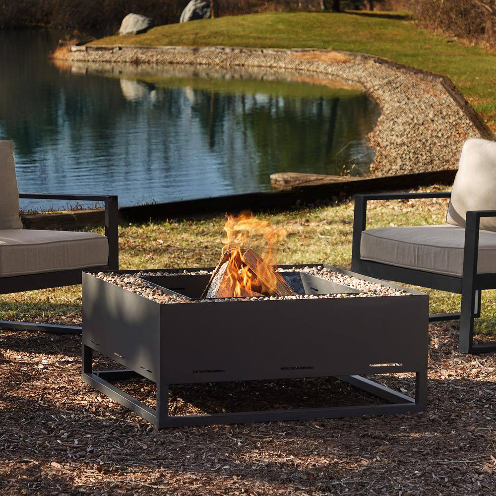 Real Flame Trey 36 in. W x 36 in. L Outdoor Square Powder Coated Steel Wood-Burning Fire Pit in Black with Decorative Pebbles 965-BLK