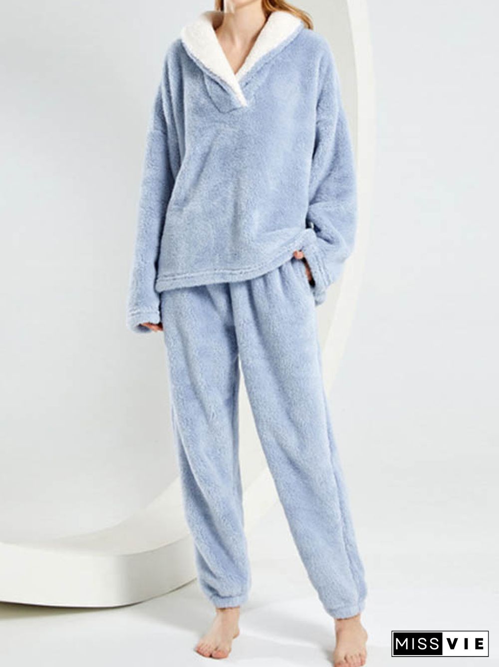 Coral Fleece Split-Joint V-Neck + Pants Pajama Two Pieces Set