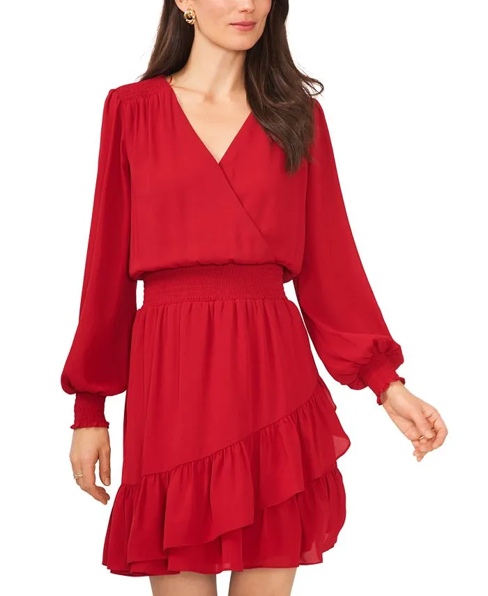 Women's Solid Smocked-Waist Ruffled-Hem Surplice-Neck Dress