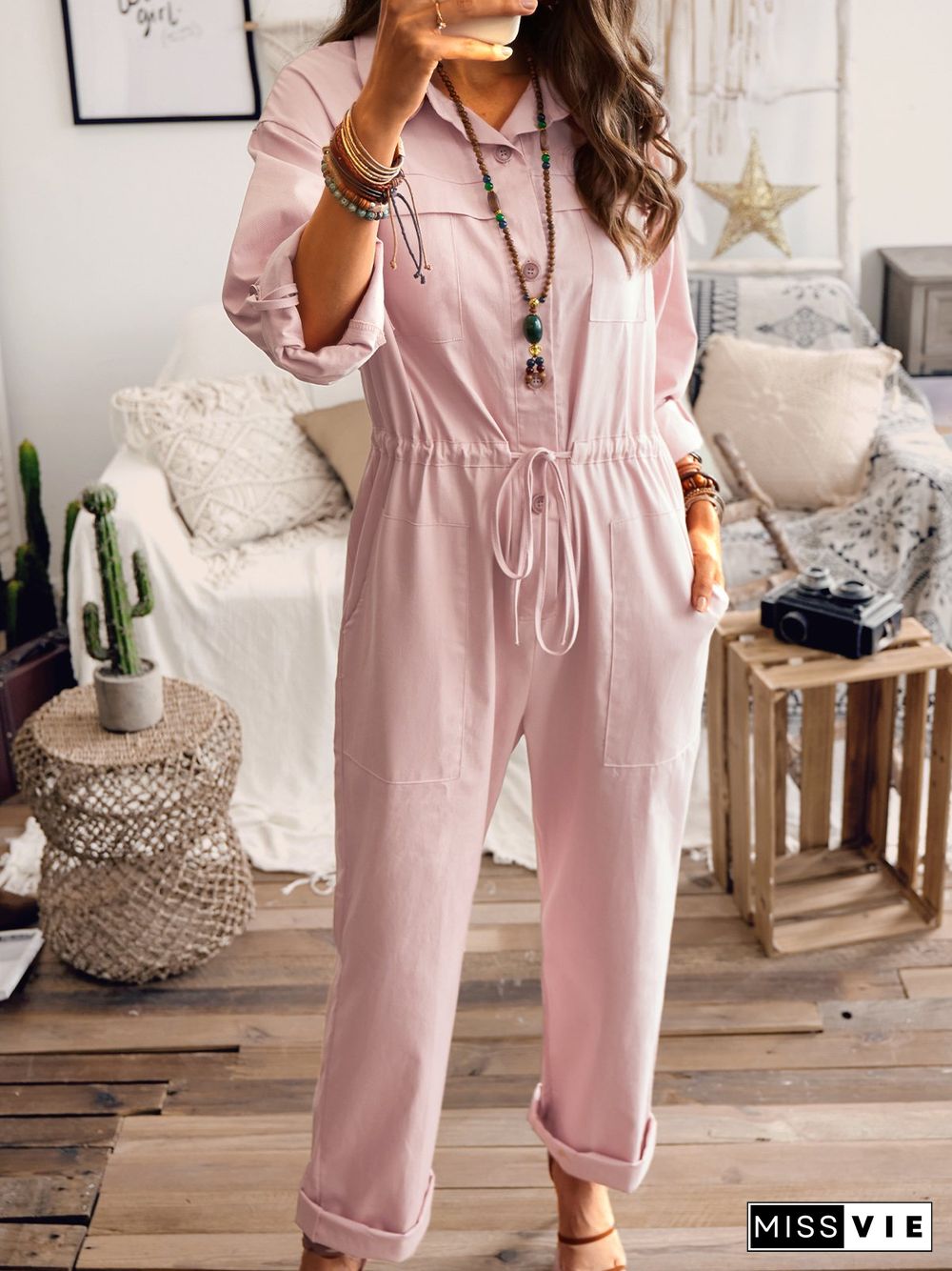 Pink Casual Linen Shift Shirt Collar Jumpsuit & Romper