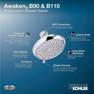 KOHLER Awaken 3-Spray Patterns 4.6 in. Single Wall Mount Fixed Shower Head in Polished Chrome 72425-H-CP