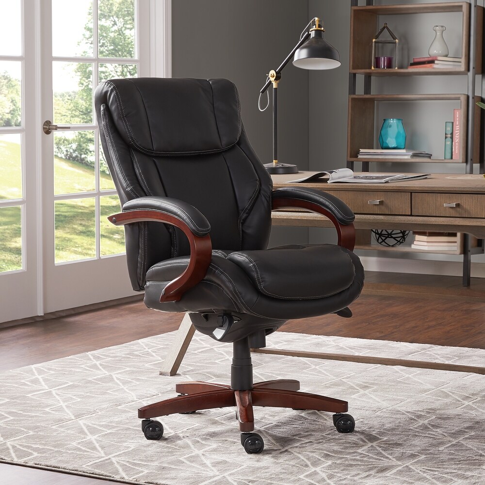 La Z Boy Bellamy Executive Leather Office Chair with Memory Foam Cushions  Solid Wood Arms and Base  Waterfall Seat Edge