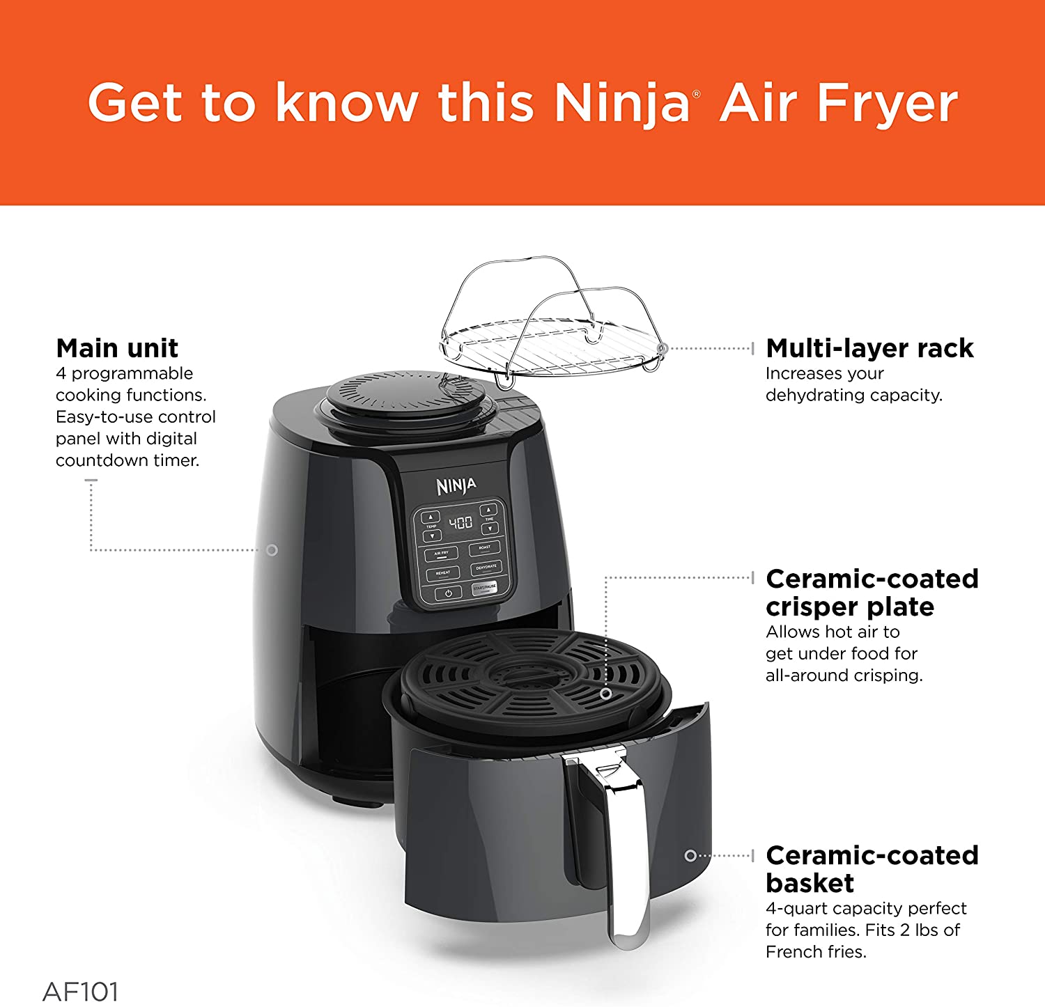 Ninja AF101 Air Fryer， 4 Qt， Black/gray