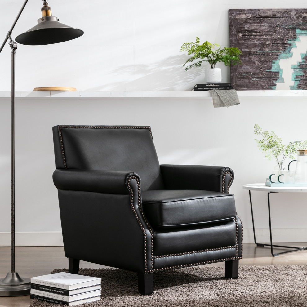 Living Traditional Upholstered Pu Leather Club Chair With Nailhead Trim Black   Transitional   Armchairs And Accent Chairs   by Forest Grass  Houzz