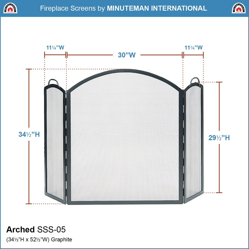 Minuteman International Arched Three Fold Fireplace Screen  52.5 Inch Long  Graphite Finish