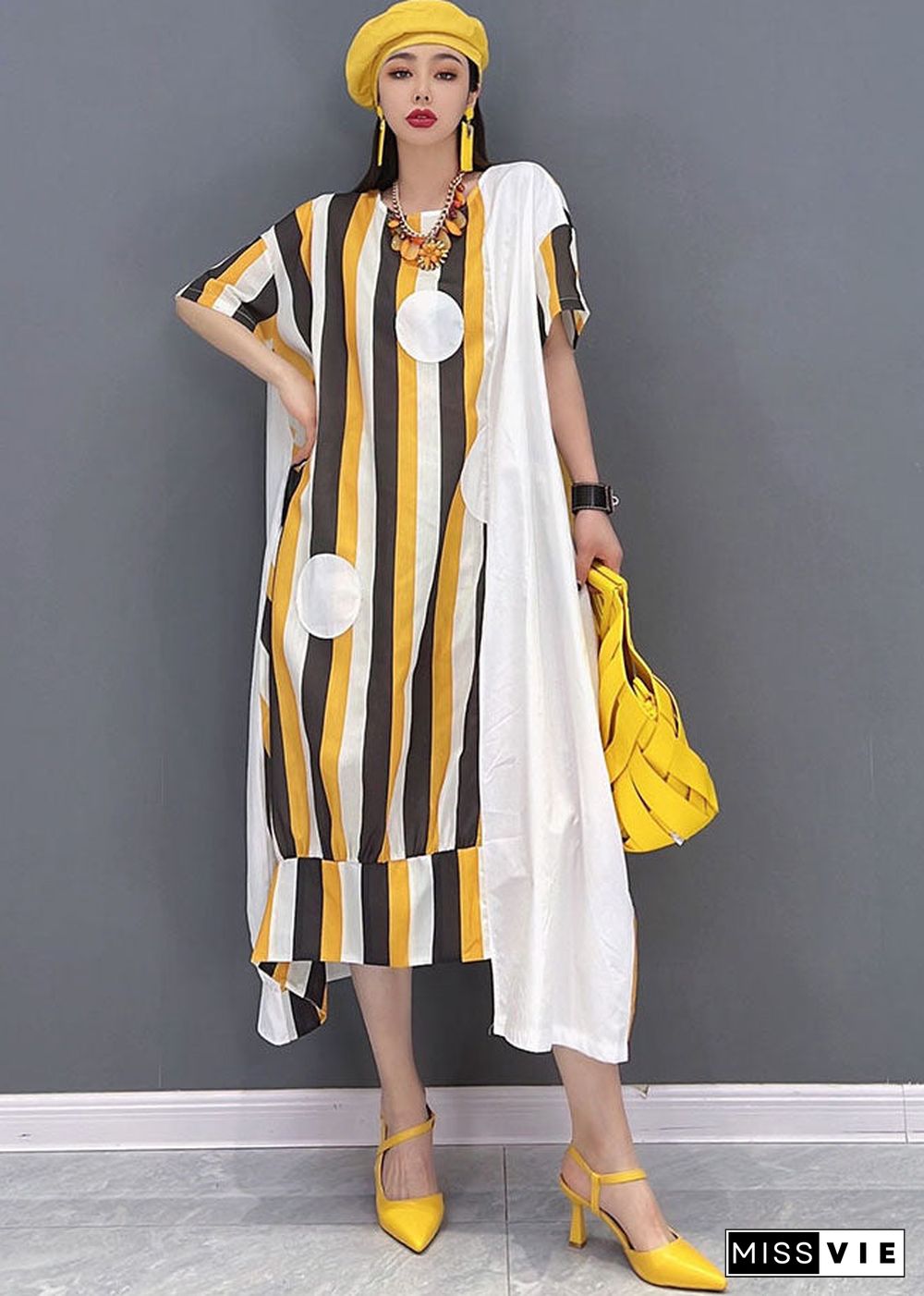 Chic Yellow Asymmetrical Striped Print Patchwork Cotton Maxi Dresses Short Sleeve