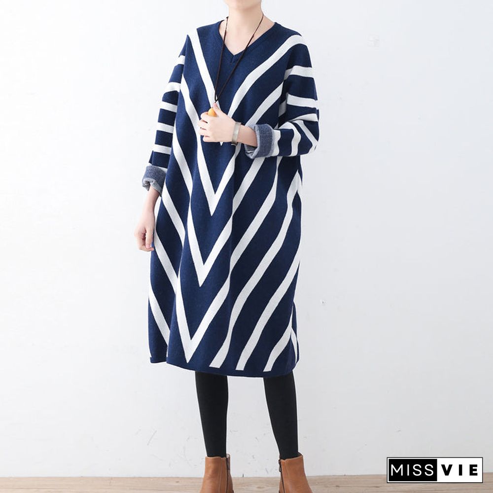 Cozy blue striped sweater dress plus size clothing fall dresses Elegant unique pullover long sleeve