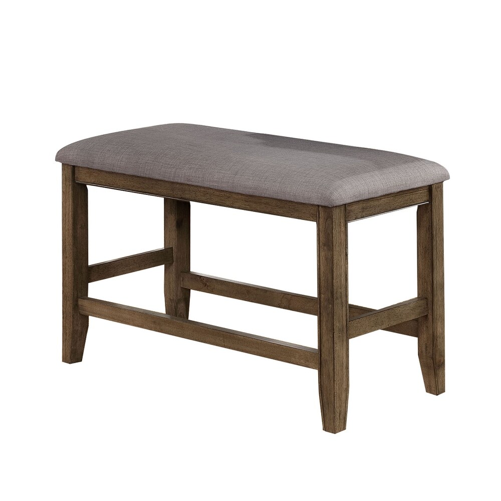 Counter Height Wooden Bench with Fabric Upholstered Seat  Brown and Gray