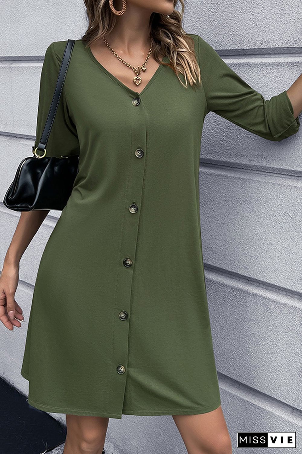 V Neck Front Open Button Long Sleeves Dress