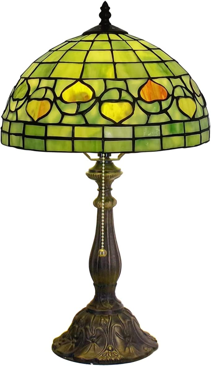 SHADY Tiffany Style Table Lamp W12H19 inch Green Stained Glass Antique Bedside Nightstand Desk Reading Lamp Work Study Desktop Light Decor Home Kids Bedroom Living Room Office Pull Chain