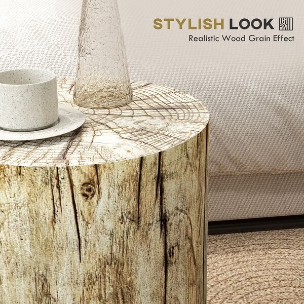 HOMCOM Tree Stump Stool，Decorative Side Table with Round Tabletop，Concrete End Table with Wood Grain Finish