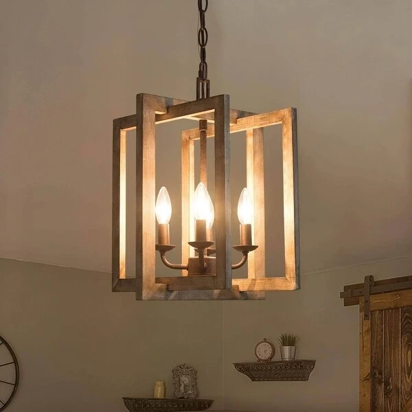 Farmhouse 4-Light Rustic Wood Geometric Chandelier Lantern Island Lights - 12.5'' L x 12.5'' W x 17'' H Shopping - The Best Deals on Chandeliers