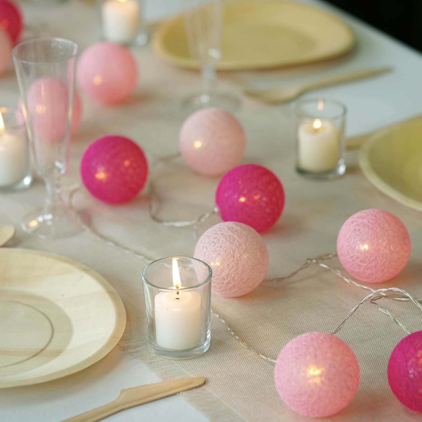 Pink Cotton Ball Battery Operated 20 LED String Light Garland, Warm White Light - Blush, Fuchsia, Pink 13ft