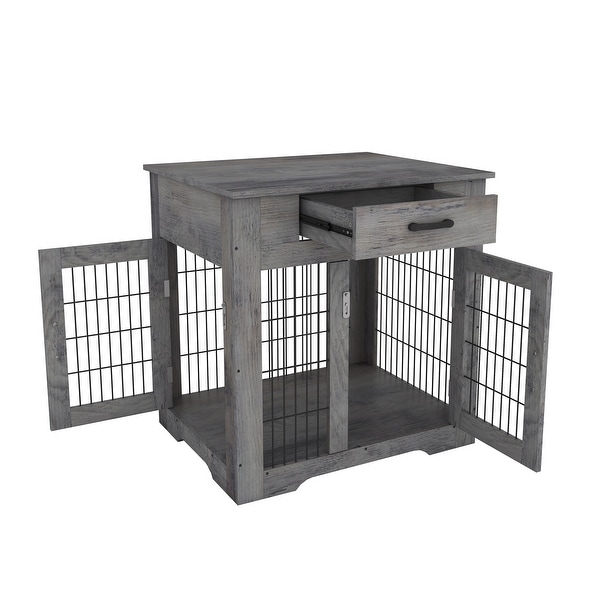 Mieres Double Door Wooden End Table Dog Crate with Double Doors， Indoor Pet Kennel Side Table with Storage Drawer