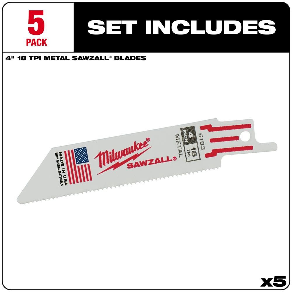 Milwaukee 4 in. 18 TPI Thin Kerf SAWZALL Blades 5PK 48-00-5183 from Milwaukee