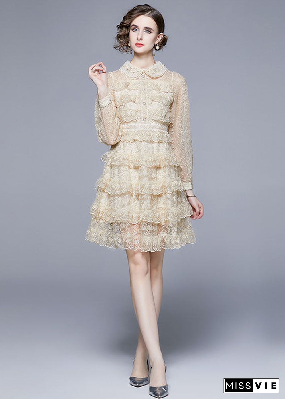 Beige Tulle Holiday Dress Peter Pan Collar Layered Ruffles Long Sleeve