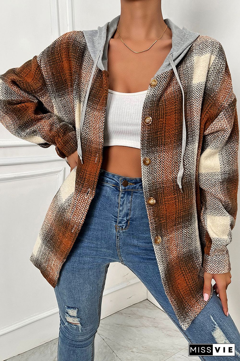 Brown Plaid Button Down Open Hoodies Jackets