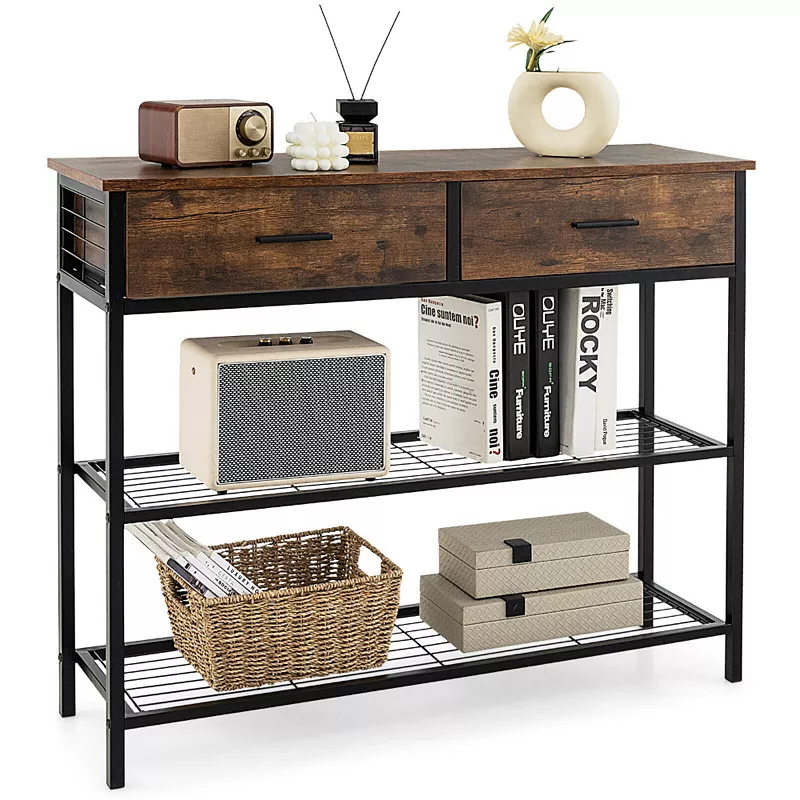 39.5 Inch Entryway Table with 2 Drawers and 2-Tier Shelves