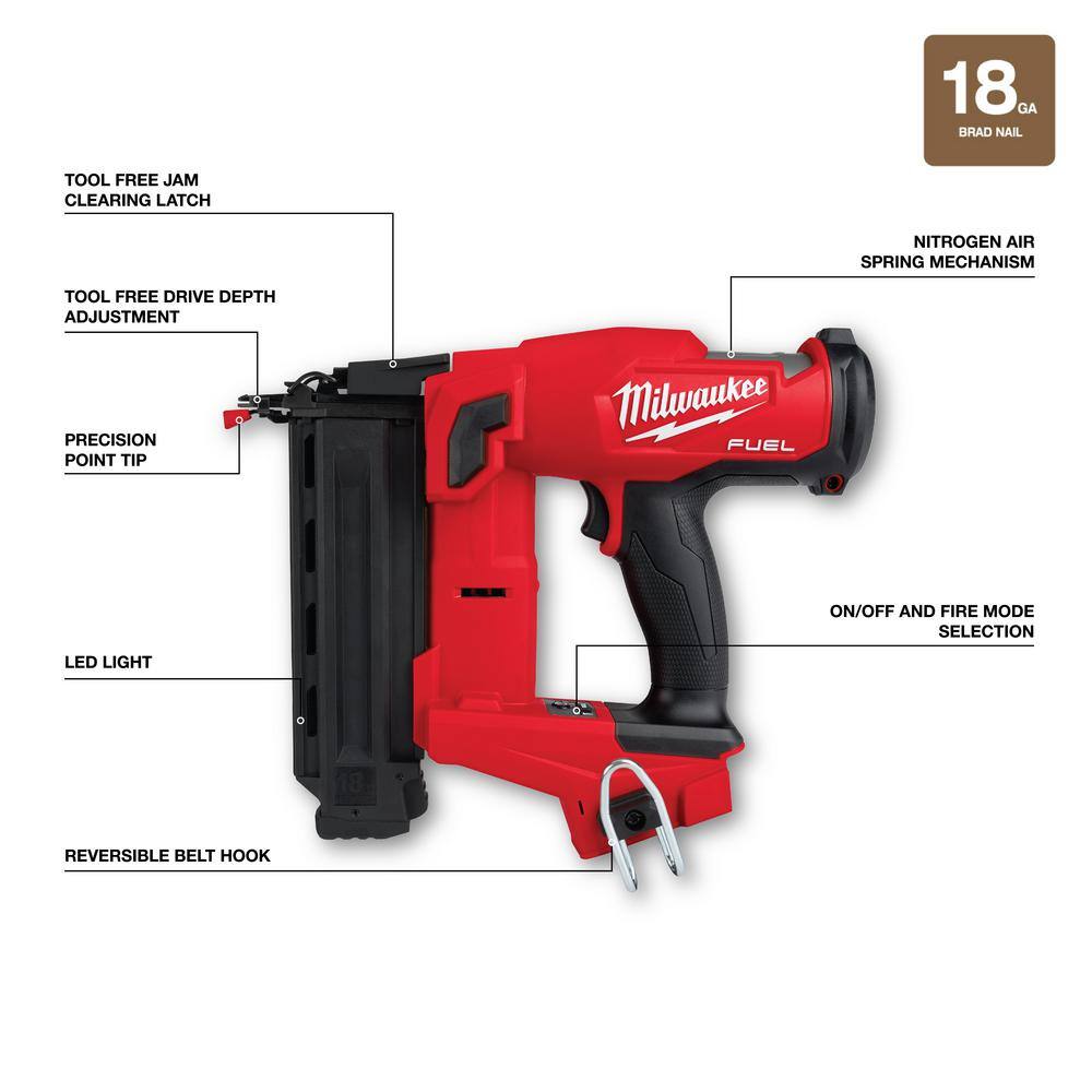 MW M18 FUEL 18-Volt Lithium-Ion Brushless Cordless Gen II 18-Gauge Brad Nailer Woodworking Kit (3-Tool) wPACKOUT Tool Box 2746-20-2626-20-2648-20