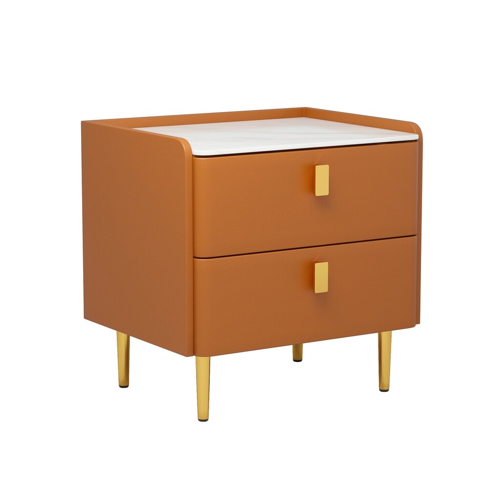 Modern Upholstered Gold plated Metal Nightstand with Stone Tabletop