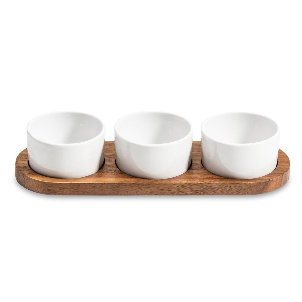 Ceramic Condiment Set on Acacia Wood Base with Lids