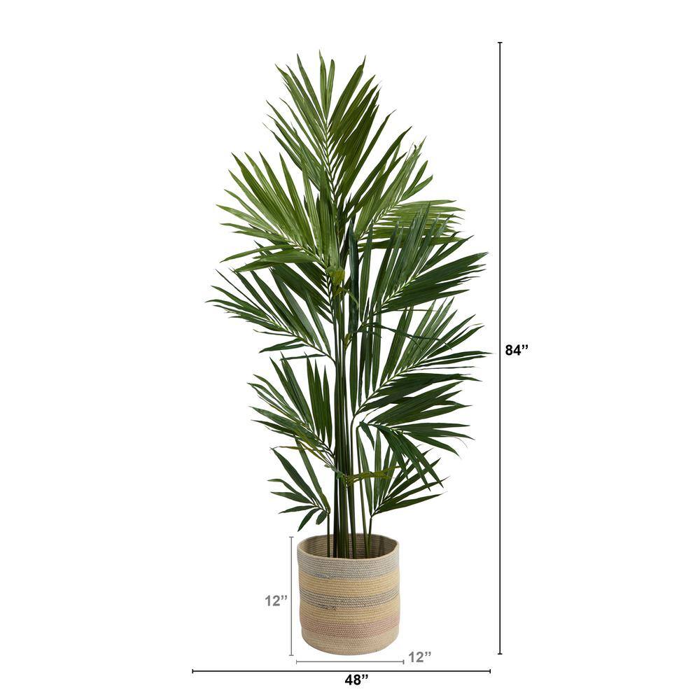 Nearly Natural 7 ft. Green Kentia Artificial Palm in Handmade Natural Cotton Multicolored Woven Planter T2894