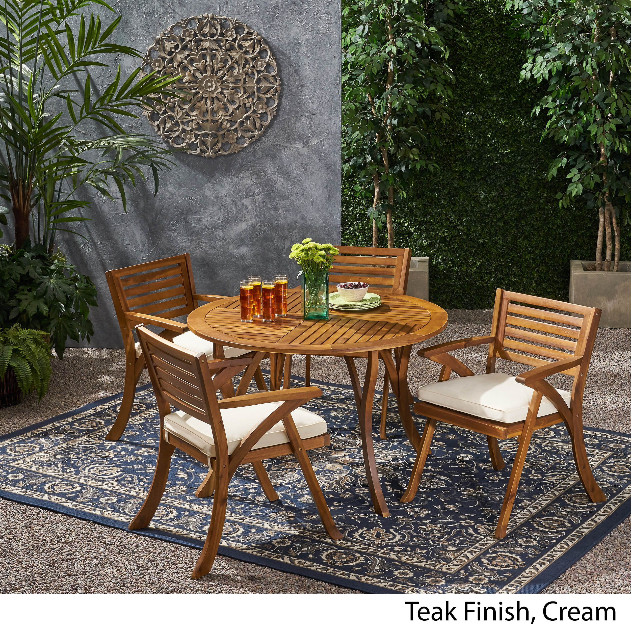 Hestia Outdoor 4 Seater Acacia Wood Circular Dining Set with Cushions