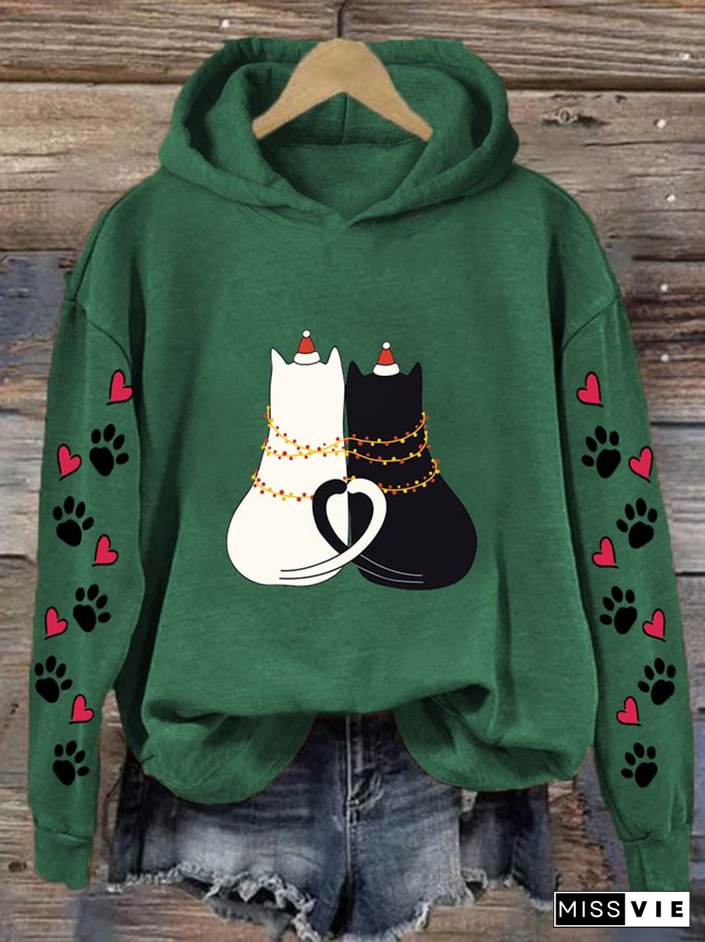 Women's Christmas Cat Love Print Casual Hooded Sweatshirt