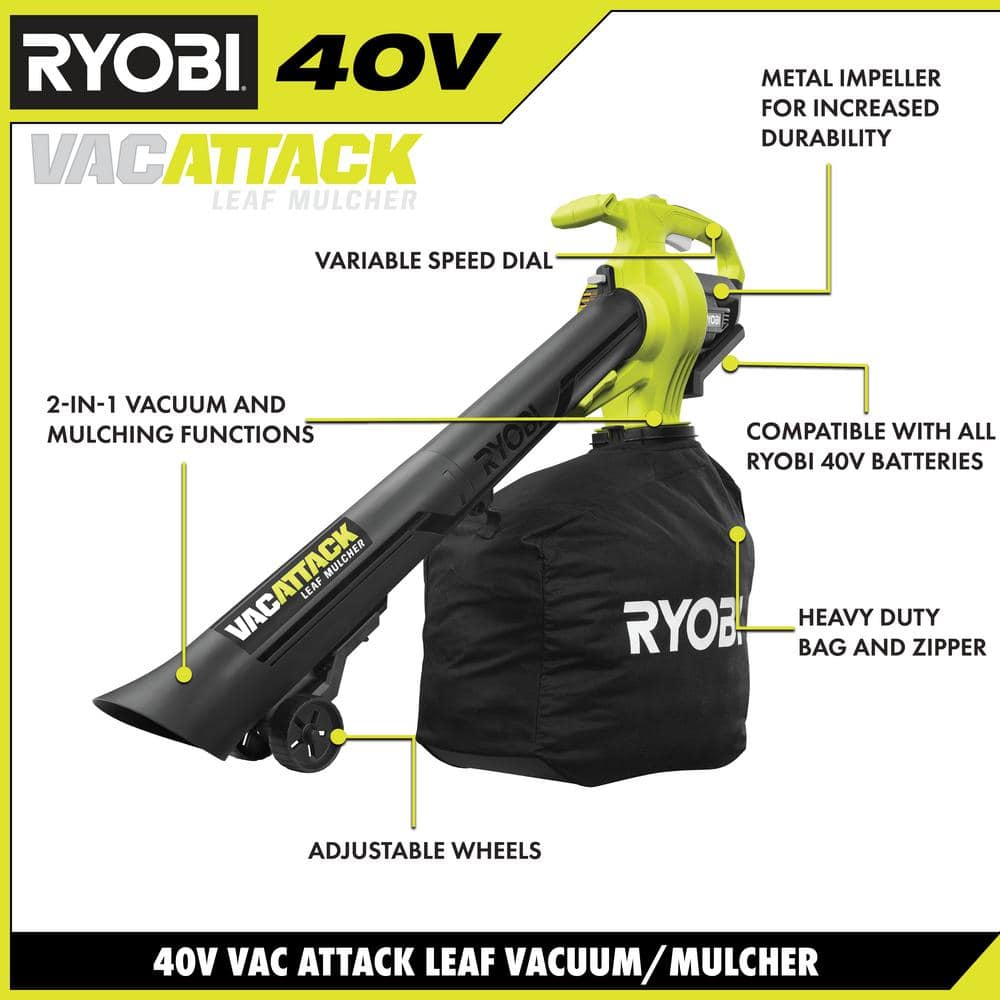 RYOBI 40V Vac Attack Cordless Leaf Vacuum/Mulcher with 5.0 Ah Battery and Charger RY40451