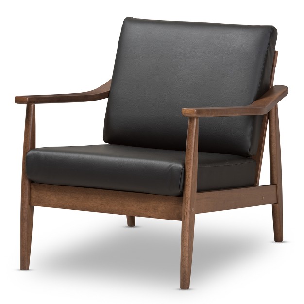 Venza Mid Century Modern Walnut Wood Faux Leather Lounge Chair Black Baxton Studio