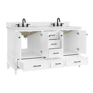 Home Decorators Collection Merryfield 61 in. W x 22 in. D x 35 in. H Freestanding Bath Vanity in White with Carrara White Marble Top 19112-VS61-WT