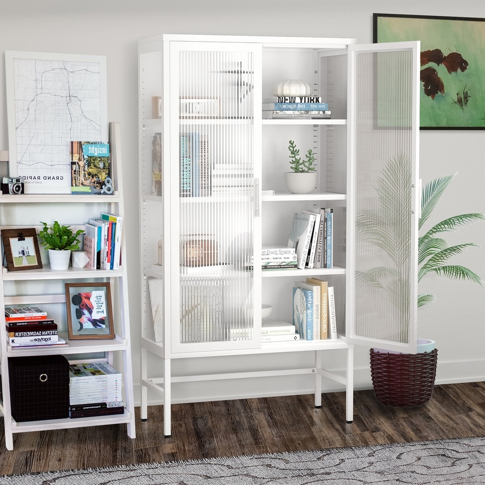 Double Glass Door Storage Cabinet with Adjustable Shelves and Feet Cold Rolled Steel Sideboard Furniture