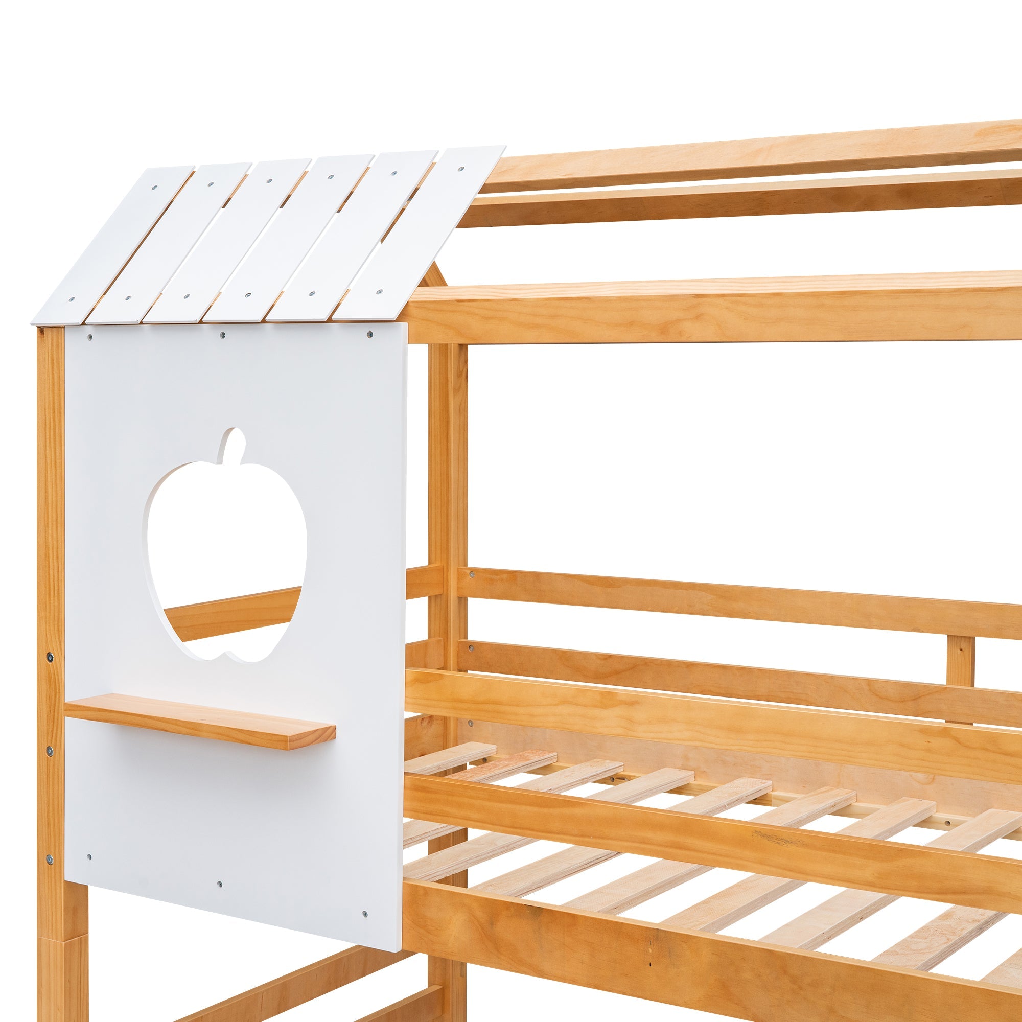 Twin Size House Bunk Bed with Slide and Shelf for Kids Bedroom, Natural