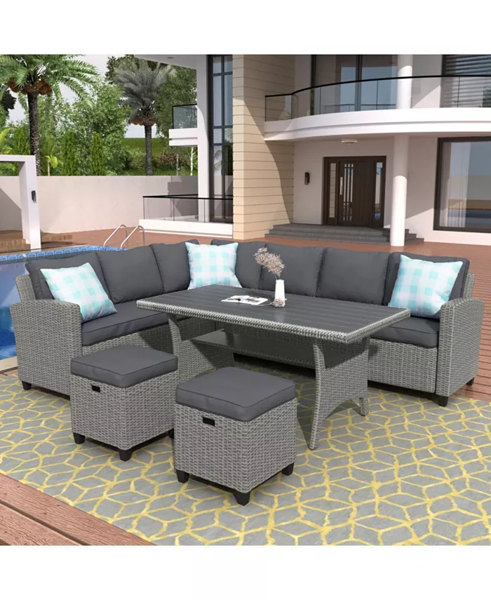 Simplie Fun Patio Furniture Set 5 Piece Outdoor Conversation Set Dining Table Chair with Ottoman and Throw Pillows(As same as WY000076EAA)