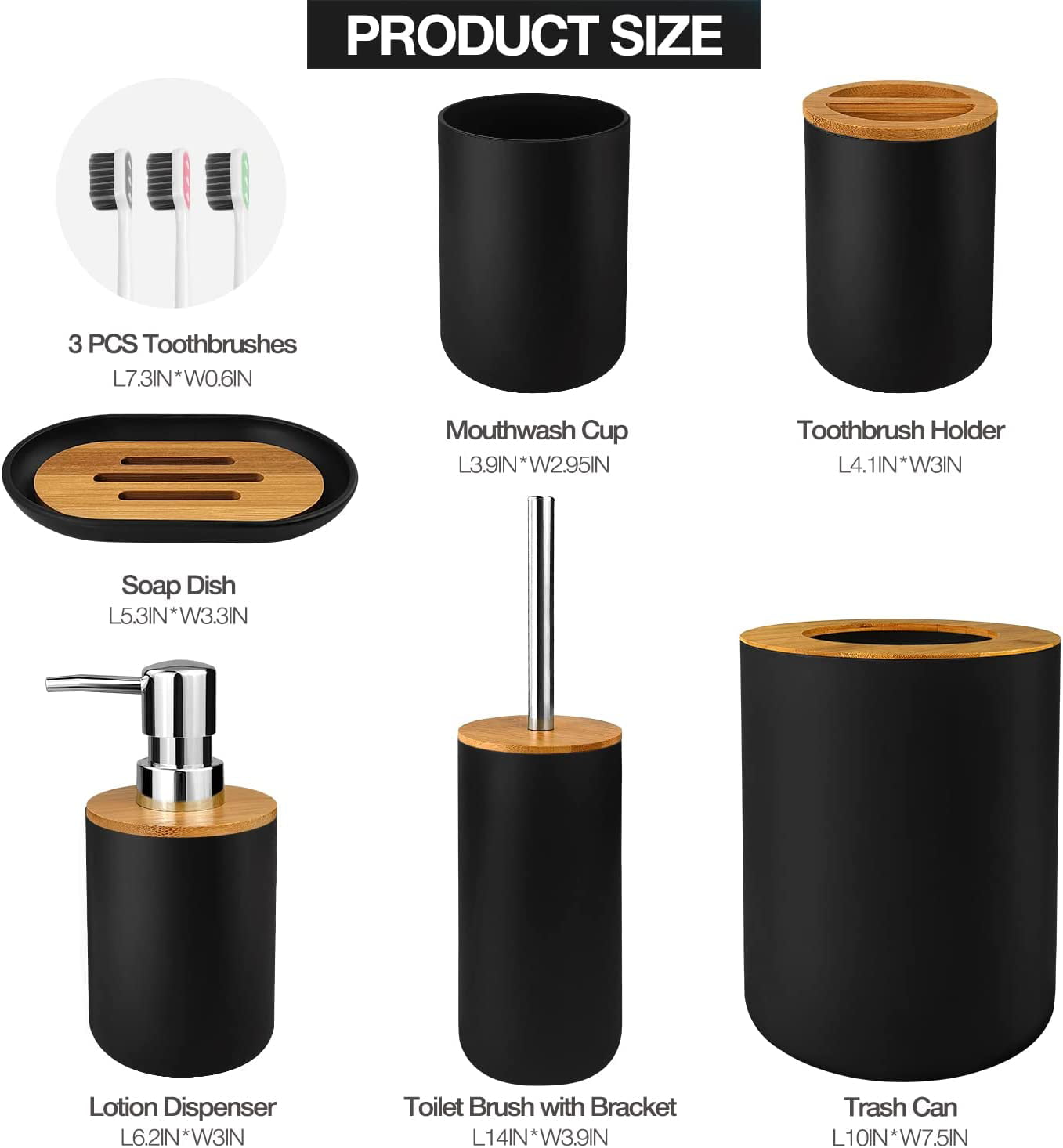 6 Pcs Bamboo and Plastic Bathroom Accessories Sets， Specially Designed for Small Spaces， Suitable for Homes， Hotels， Office Buildings (Black)