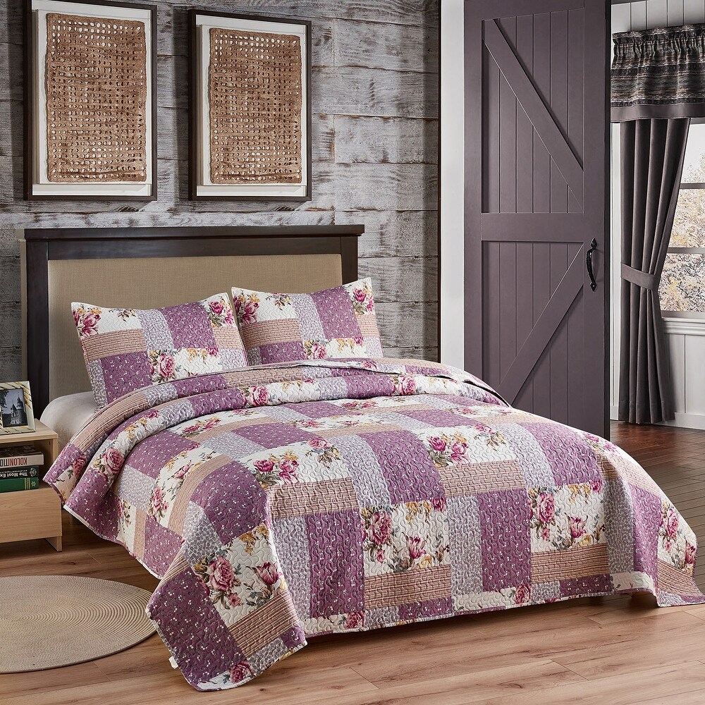 3 Piece Plaid Patchwork Reversible Lightweight Quilt Set